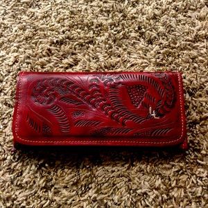 Leader in Leather red tooled Tri fold wallet.